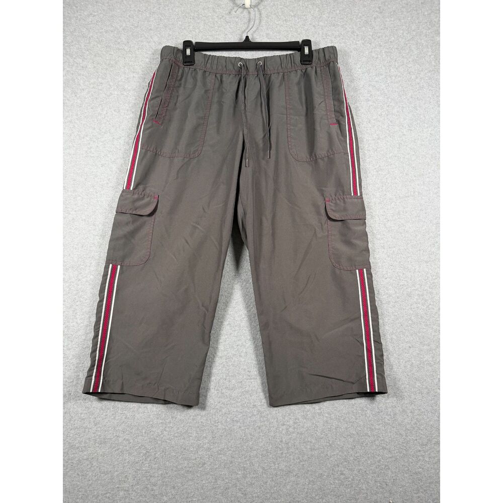 SB Active Women's Large Gray Cargo Capri Pants Pink White Stripe Drawstring 0695